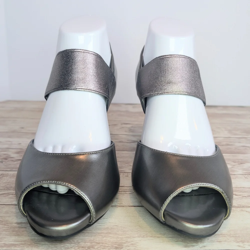 LifeStride Flex Dark Silver Pewter Open Toe Heels Metallic Size 9